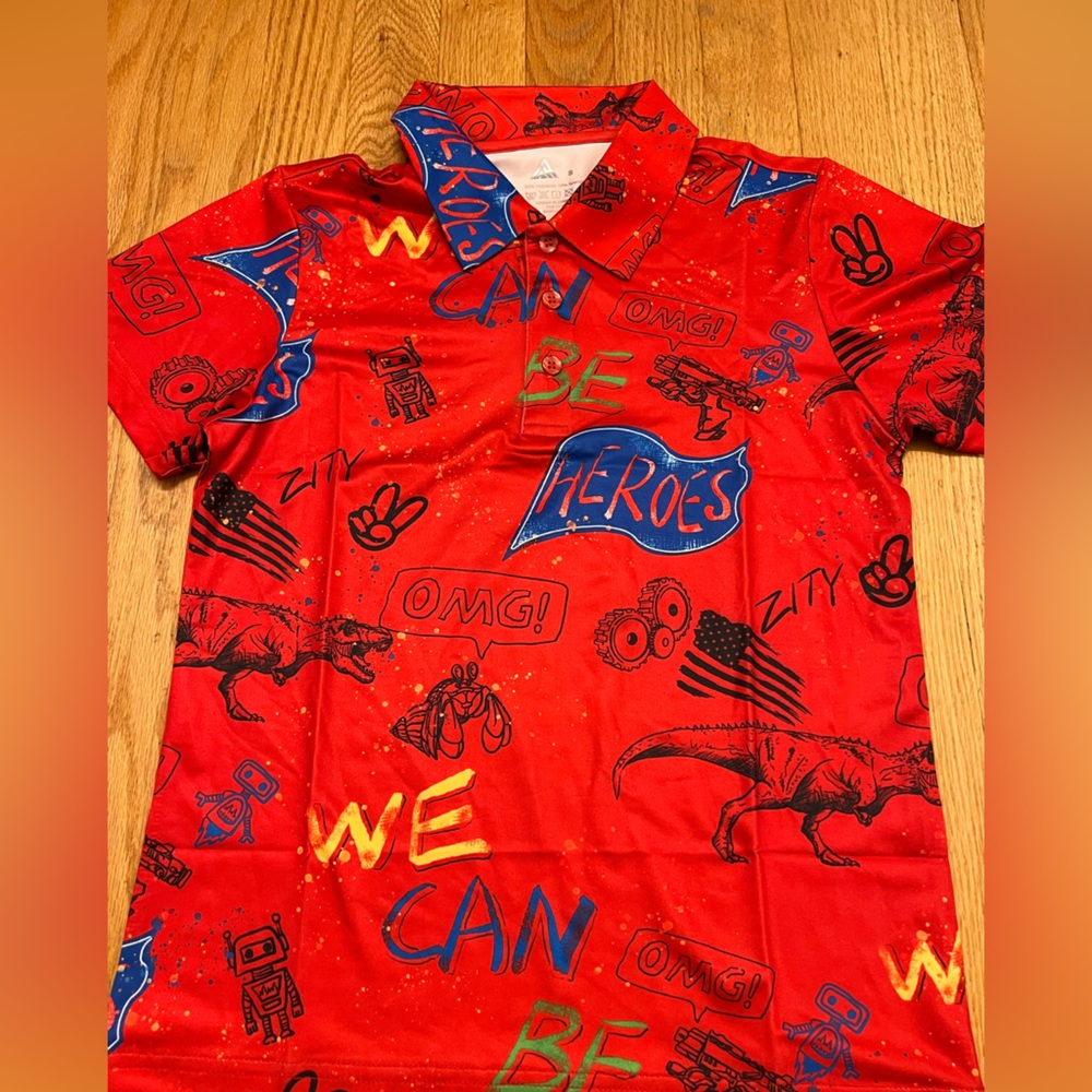 Red Graphic polo shirt with Fun Prints dinosaur robot